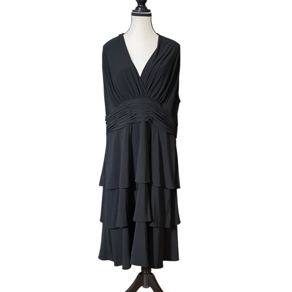 Evan Picone Black Tiered Midi Dress 20W | Ruched Waist V-Neck Flowy Cocktail - Picture 3 of 11